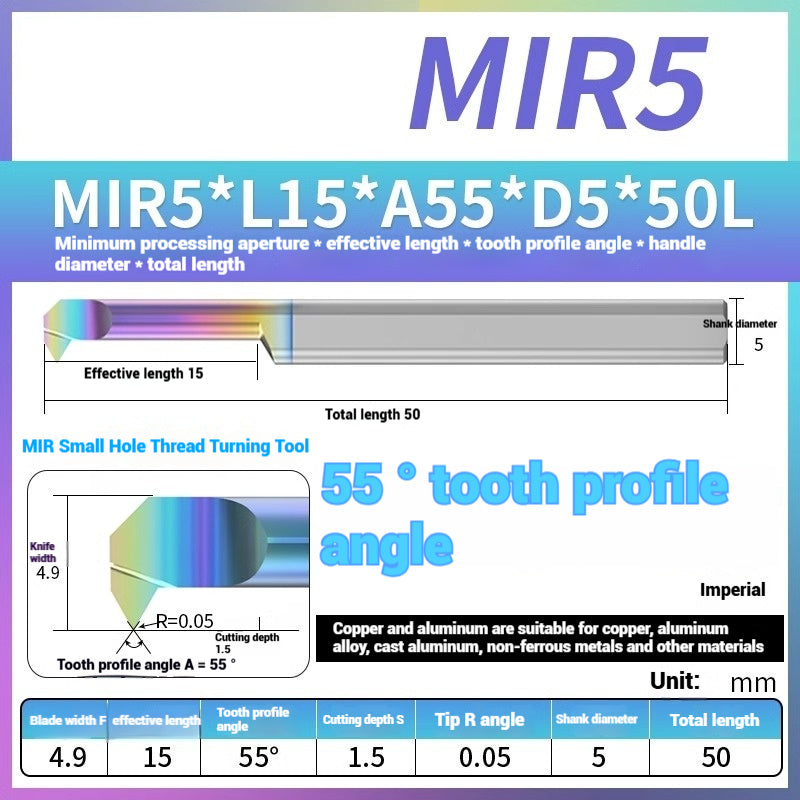 1125-MIR Bore Thread Turning Tools DLC Color Coated Aluminum and Copper CNC Shock Resistant Tungsten Carbide Small Hole Turning Tools Picking Tools Shandong Denso Pricision Tools Co.,Ltd.